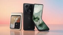 Three Motorola smartphones are displayed: one folded, one unfolded, and one standard, all showing the time 11:35 on their screens.