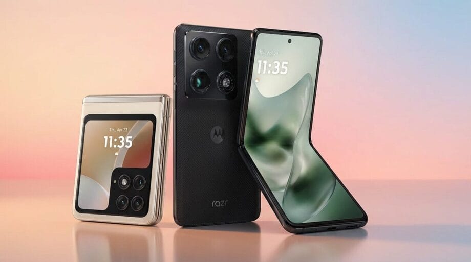 Three Motorola smartphones are displayed: one folded, one unfolded, and one standard, all showing the time 11:35 on their screens.