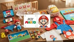 A wooden table displays various Super Mario-themed toys, clothes, and accessories in a nursery with a crib and window in the background.