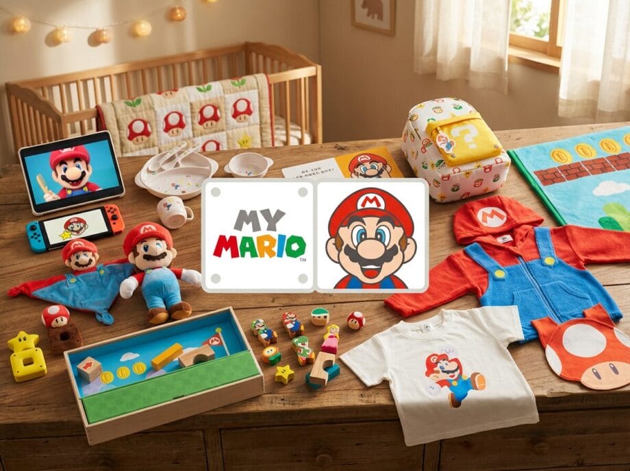 A wooden table displays various Super Mario-themed toys, clothes, and accessories in a nursery with a crib and window in the background.