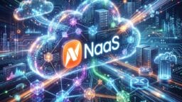 Digital illustration of cloud computing with NaaS text, servers, network icons, and data flows representing Network as a Service.