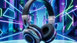 Futuristic headphones with glowing blue lights are displayed on a circular platform, with neon geometric shapes in the background.