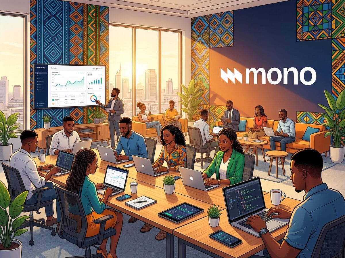 Modern open office with people working on laptops, a large display with charts, and the mono logo on the wall in a city setting.