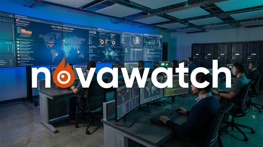 People working at computer monitors in a cybersecurity operations center, with novawatch logo overlaid on the image.
