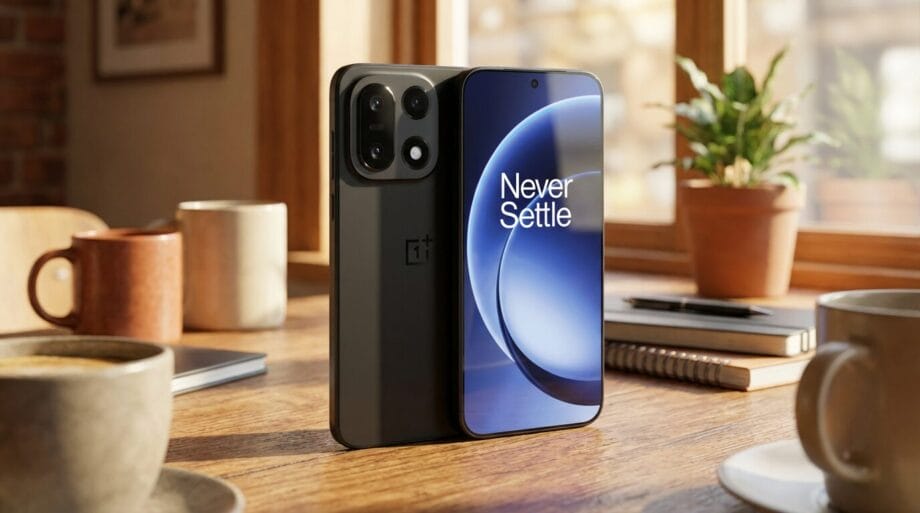 A black smartphone with Never Settle displayed on the screen stands upright on a wooden table near coffee mugs and potted plants.