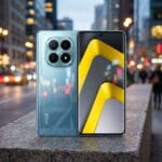 Two Poco smartphones are displayed on a stone ledge outdoors, with a busy city street blurred in the background.