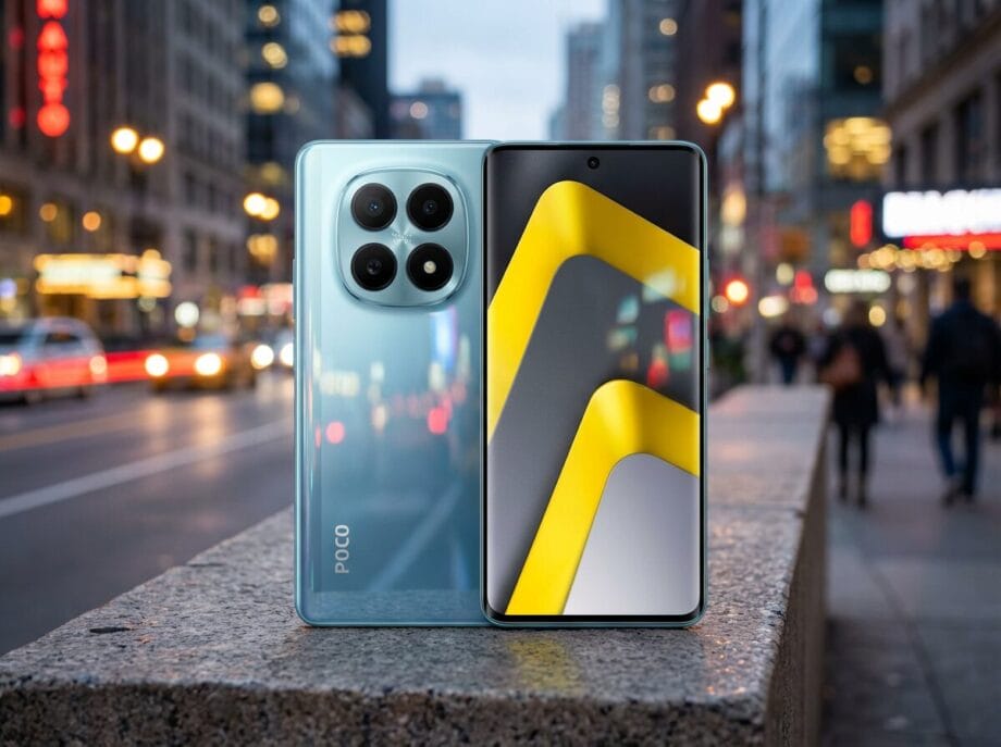 Two Poco smartphones are displayed on a stone ledge outdoors, with a busy city street blurred in the background.