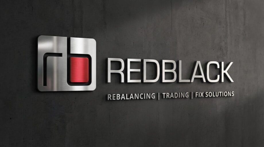 RedBlack logo on a dark wall with the words REBALANCING | TRADING | FIX SOLUTIONS beneath the company name.