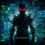 A digital humanoid figure with glowing red eyes stands amid floating code and circuit patterns, evoking a hacker or artificial intelligence theme.