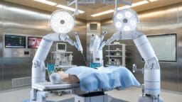 A medical simulation room with a robotic surgery system and a mannequin on the operating table under bright surgical lights.