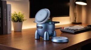 A metallic wireless charger in the shape of a small robot sits on a desk near a keyboard, books, and a potted plant.