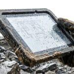 A gloved hand holds a mud-splattered, waterproof tablet outdoors in the rain, with a technical diagram visible on the screen.
