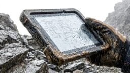 A gloved hand holds a mud-splattered, waterproof tablet outdoors in the rain, with a technical diagram visible on the screen.