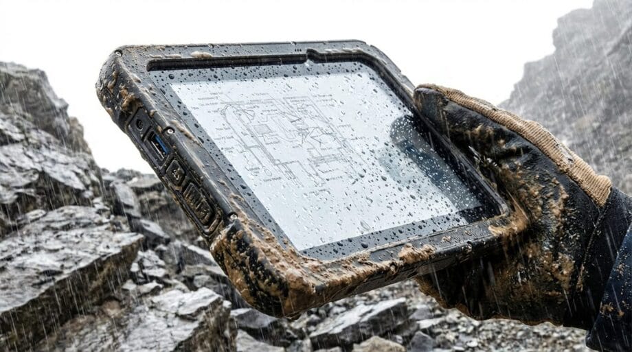 A gloved hand holds a mud-splattered, waterproof tablet outdoors in the rain, with a technical diagram visible on the screen.