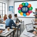 A group of people in a classroom setting attend an SEO presentation, with laptops and digital marketing materials on the tables.