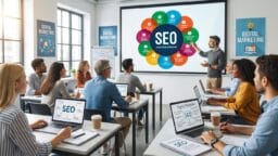 A group of people in a classroom setting attend an SEO presentation, with laptops and digital marketing materials on the tables.