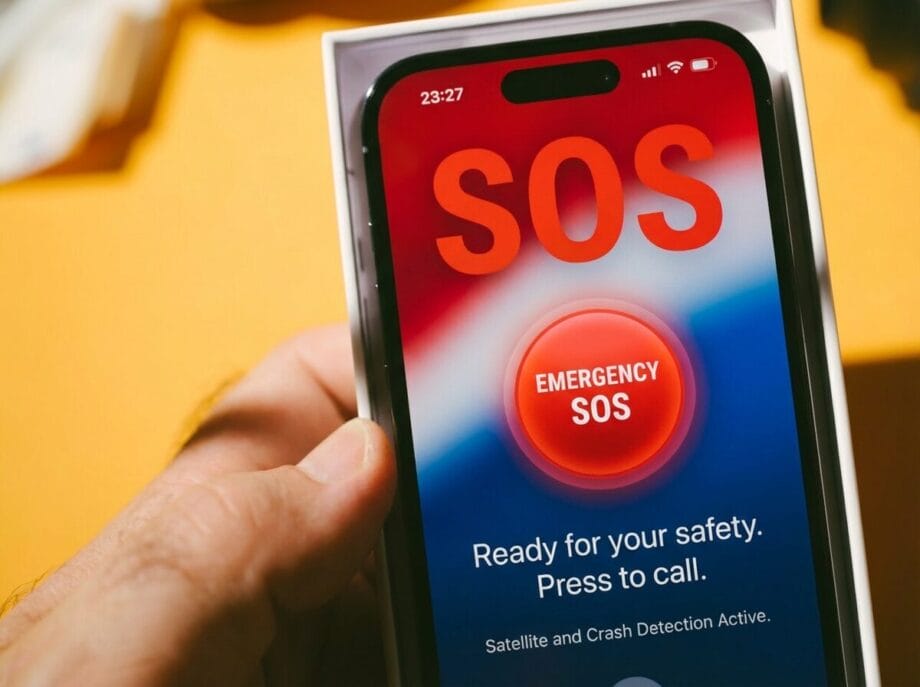 A hand holds a smartphone displaying an Emergency SOS screen with instructions to press to call for safety assistance.