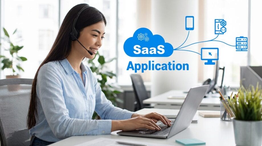 Woman wearing a headset works on a laptop in an office, with a SaaS Application graphic displayed beside her.