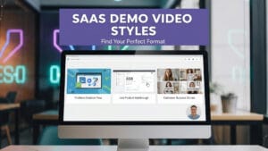 A computer screen displays three SaaS demo video styles: Problem-Solution Flow, Live Product Walkthrough, and Customer Success Stories.