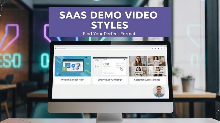 A computer screen displays three SaaS demo video styles: Problem-Solution Flow, Live Product Walkthrough, and Customer Success Stories.
