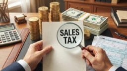 Person holding a paper labeled Sales Tax with a magnifying glass, surrounded by coins, cash, calculator, and tax documents on a desk.