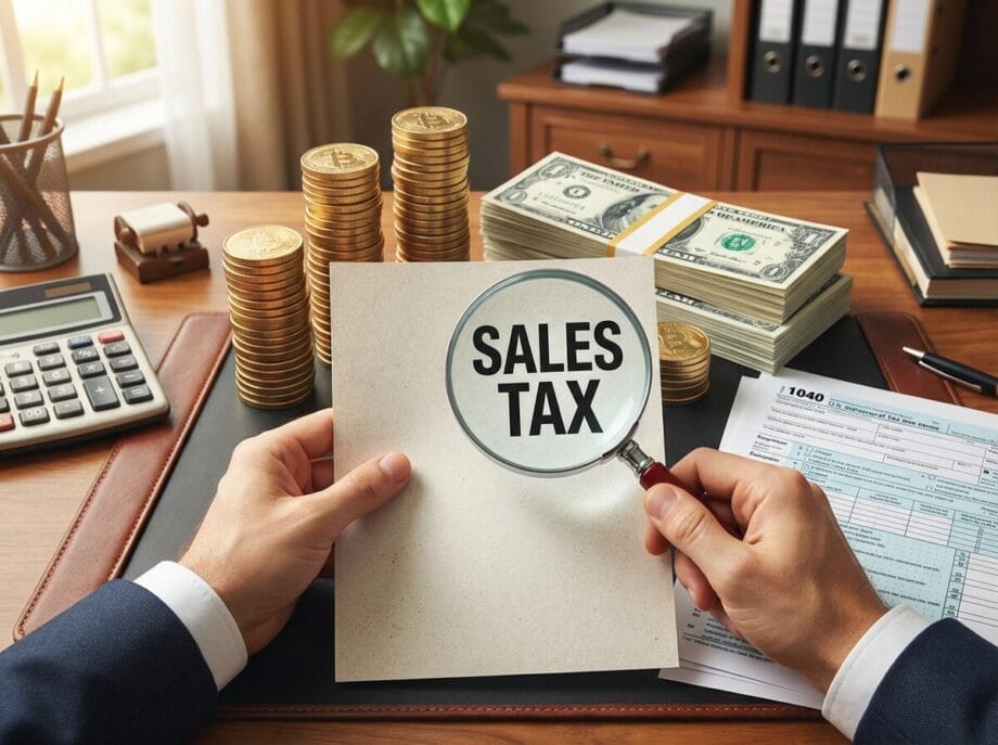 Person holding a paper labeled Sales Tax with a magnifying glass; money, coins, calculator, and tax forms on a desk in the background.