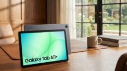 A Samsung Galaxy Tab A11+ is displayed on a wooden table in a sunlit room with large windows, next to a mug and a closed case.