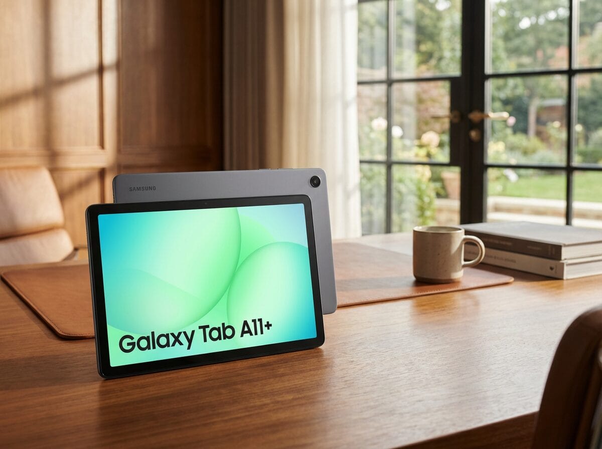 A Samsung Galaxy Tab A11+ is displayed on a wooden table in a sunlit room with large windows, next to a mug and a closed case.