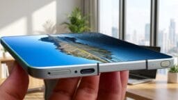 A hand holds a thin, modern smartphone displaying a landscape image, with an office setting and city view in the background.