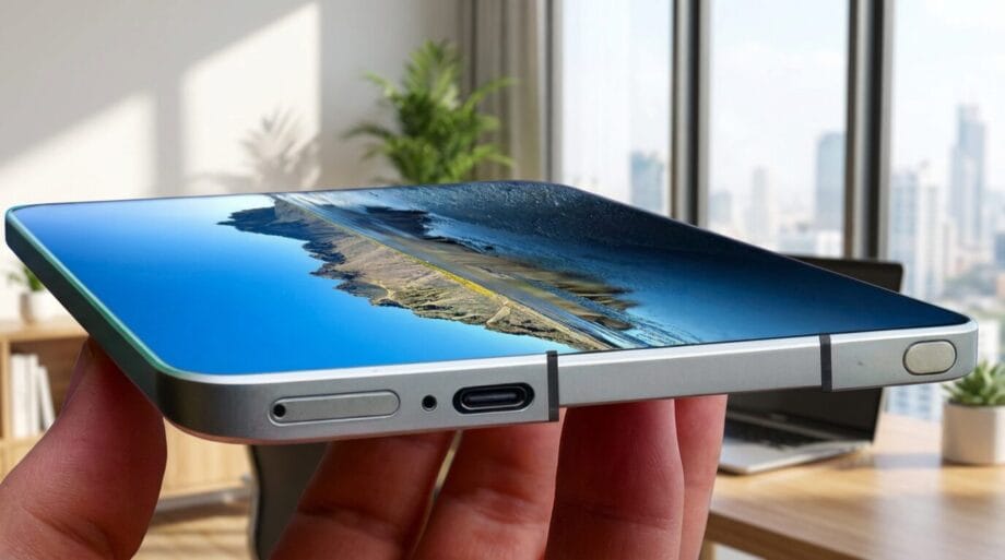 A hand holds a thin, modern smartphone displaying a landscape image, with an office setting and city view in the background.