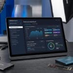 A laptop on a table.