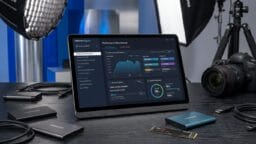 A laptop on a table.