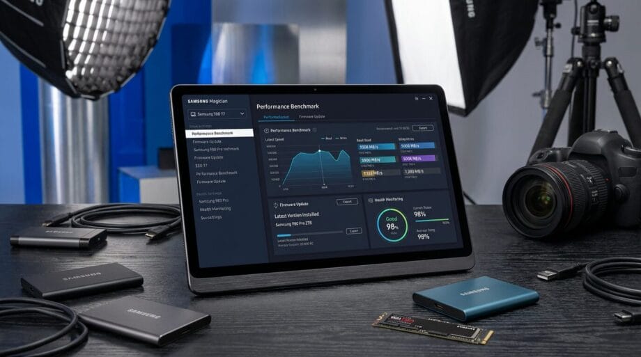 A laptop on a table.