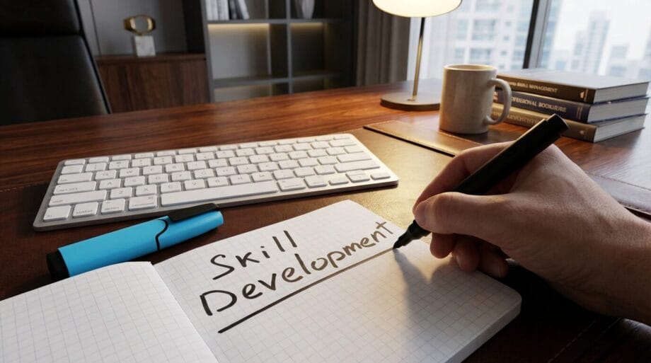 Person writing Skill Development in a notebook on a desk with a keyboard, highlighter, coffee mug, and books in the background.