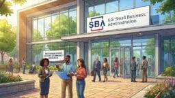 People gather outside a modern U.S. Small Business Administration office, discussing documents and entering the building on a sunny day.