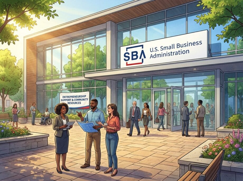 People gather outside a modern U.S. Small Business Administration office, discussing documents and entering the building on a sunny day.
