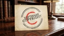 A document labeled Software Copyright with a large red copyright symbol sits on a wooden desk in a library setting.