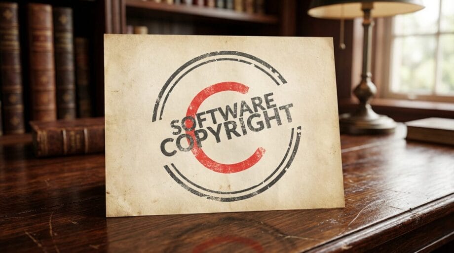 A document labeled Software Copyright with a large red copyright symbol sits on a wooden desk in a library setting.