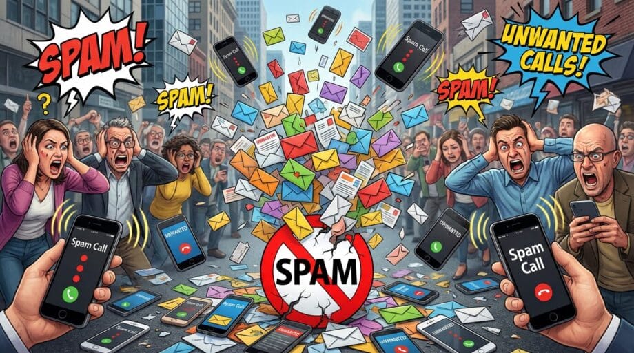 A large crowd reacts in frustration to spam calls and messages, with phones and envelopes flying around a cracked no spam sign.