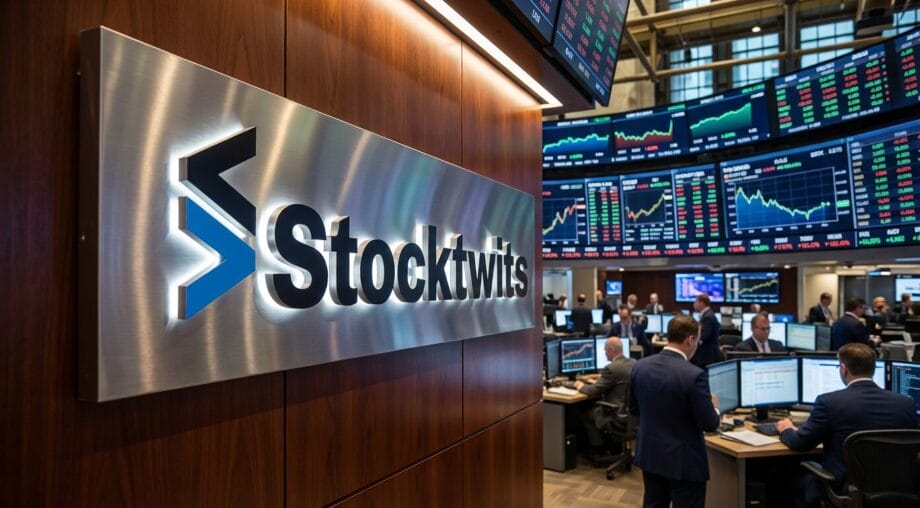 A Stocktwits sign on a wall with people working at desks and large stock market screens in the background.