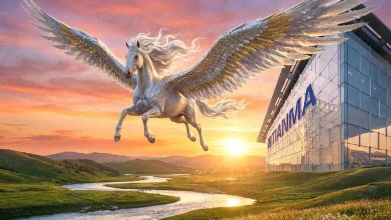 A silver Pegasus flies near a modern glass building labeled TANIMA at sunset over a green landscape with a winding river.
