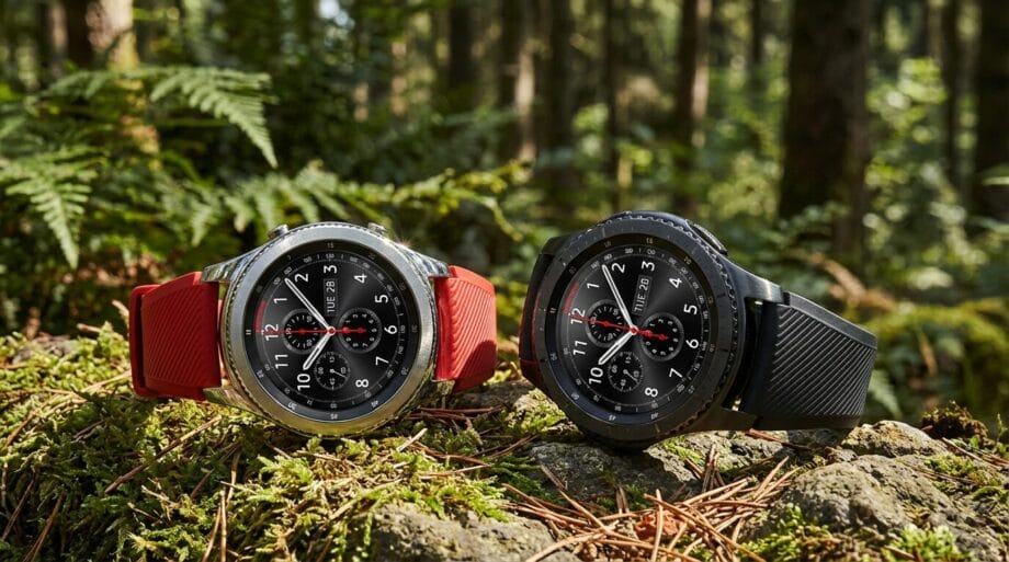 Two smartwatches with analog-style faces, one with a red band and one with a black band, sit on a mossy rock in a forest setting.