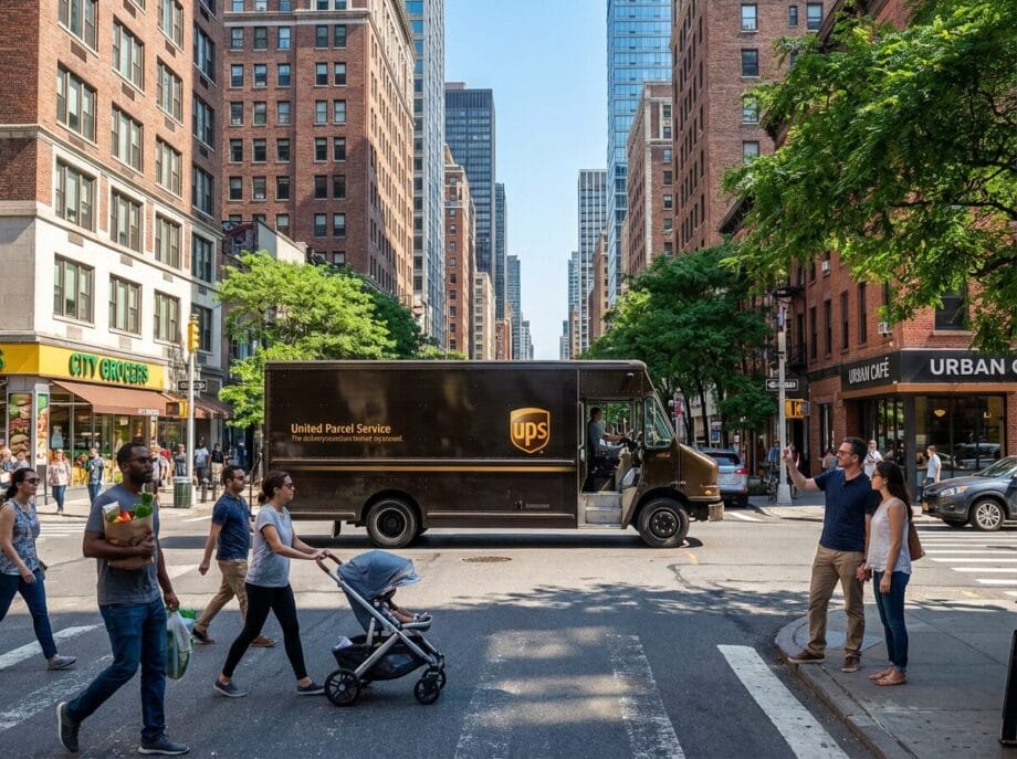 A UPS delivery truck drives through a busy city intersection as people cross the street on a sunny day.