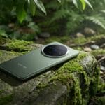A green Vivo smartphone rests on a moss-covered rock surrounded by plants and ferns in an outdoor setting.