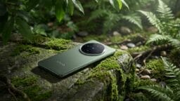 A green Vivo smartphone rests on a moss-covered rock surrounded by plants and ferns in an outdoor setting.