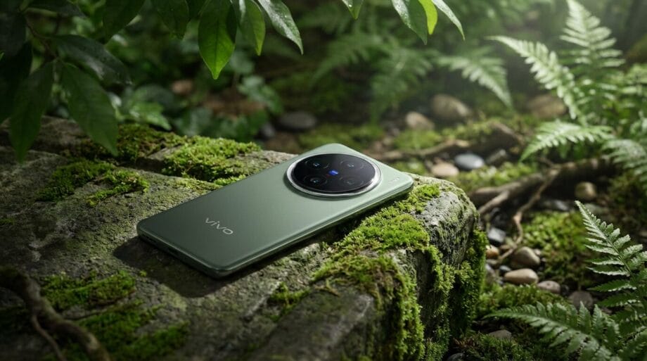 A green Vivo smartphone rests on a moss-covered rock surrounded by plants and ferns in an outdoor setting.