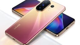 Two Vivo smartphones in gold and pink gradient color, one showing the back with cameras, the other showing the front display.