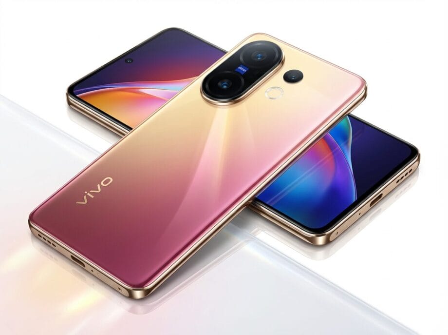 Two Vivo smartphones in gold and pink gradient color, one showing the back with cameras, the other showing the front display.
