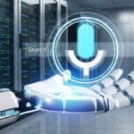 A robotic hand holds a digital voice search icon in a server room with rows of data servers in the background.