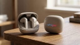 Two pairs of white wireless earbuds in charging cases, one open and one closed, are placed on a wooden surface.